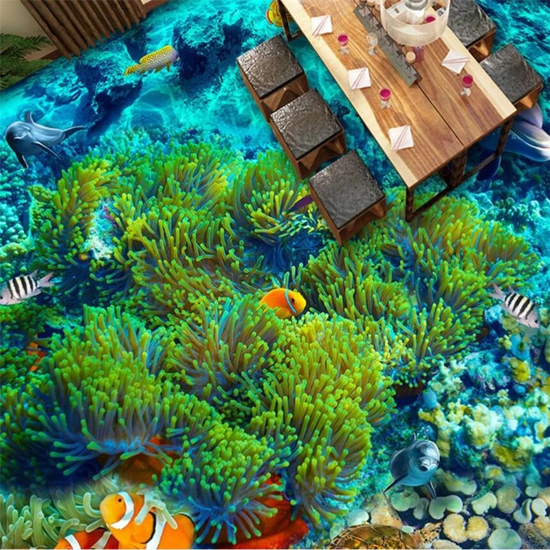 wellyu Custom 3D floor stickers Underwater World Tropical Fish 3D Flooring Tile Living room room wallpapers for living room
