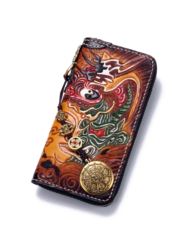 Handmade Men Genuine Leather Wallets Hand Engraving Purses Women Clutch Vegetable Tanned Leather Wallet New Year's Gifts