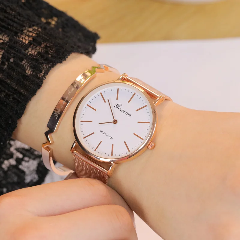 

2023 New Brand Geneva Rosy Gold Casual Quartz Watch Women Metal Mesh Stainless Steel Watches Relogio Feminino Ladies Wrist Watch