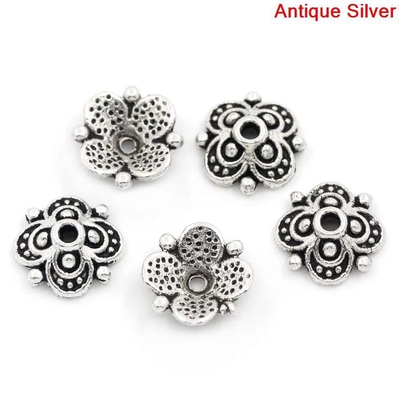 Doreen Box Lovely Bead Caps Flower Silver Color(Fits 12mm-14mm Beads) 10x10mm,Hole:Approx 1.3mm,100PCs (B25971)