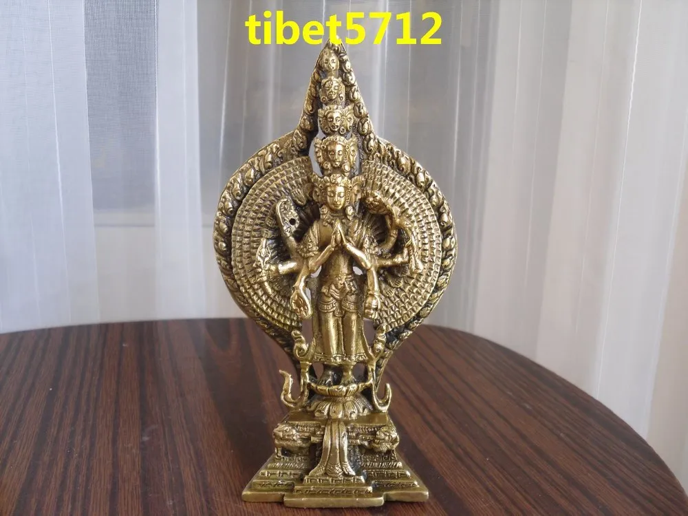 14 cm tall collect item Tibetan Buddhist bronze Kwan Kuan 1000 hands Guan Yin Buddha statue wedding copper Decoration real Brass