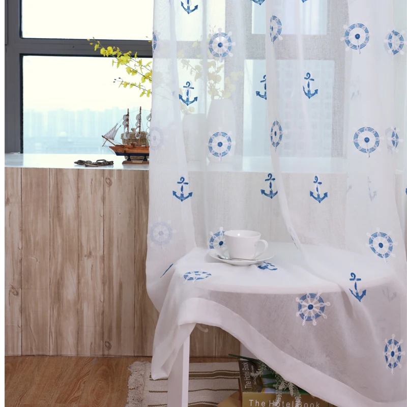 

Embroidered Voile Sheer Curtains for Kids Room, Tulle Window Curtains, Sailing Pattern, Kitchen, Children