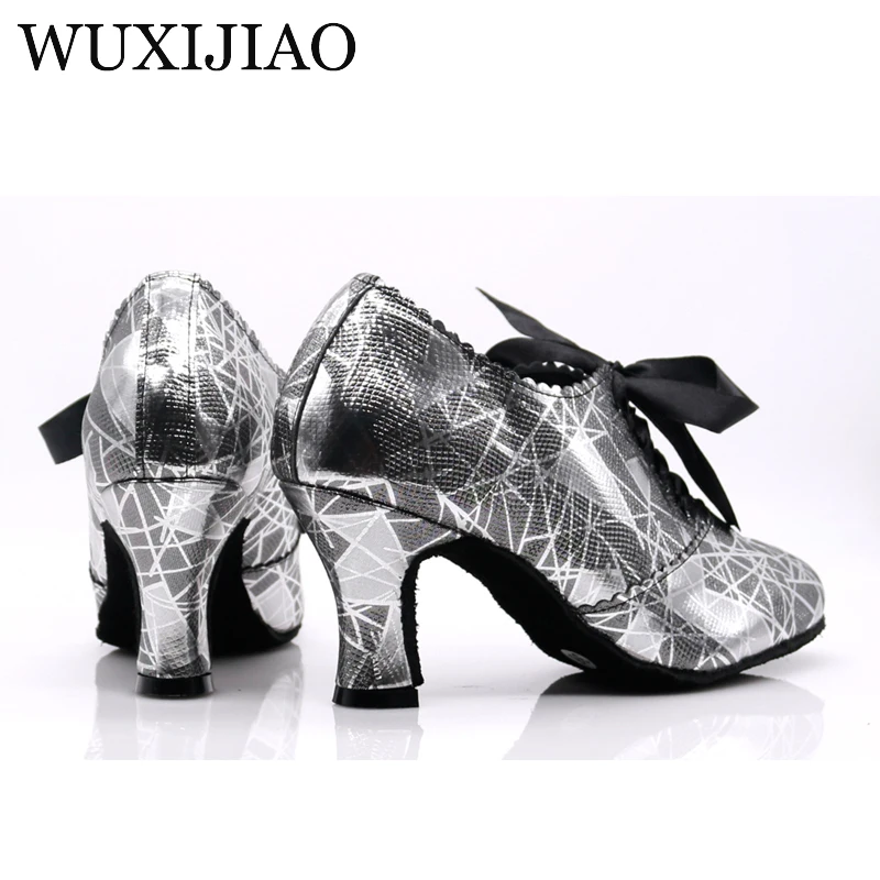 WUXIJIAO New PU Low Heels Black Shoes For Women Closed Toe Jazz Samba Teachers Dance Shoes Ballroom Salsa Latin Dance Shoes