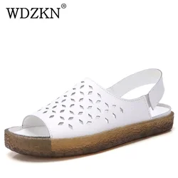 WDZKN 2021 Genuine Leather Women Sandals Open Toe Hollow Gladiator Sandals Women Summer Roman Shoes Flat Casual Ladies Sandals