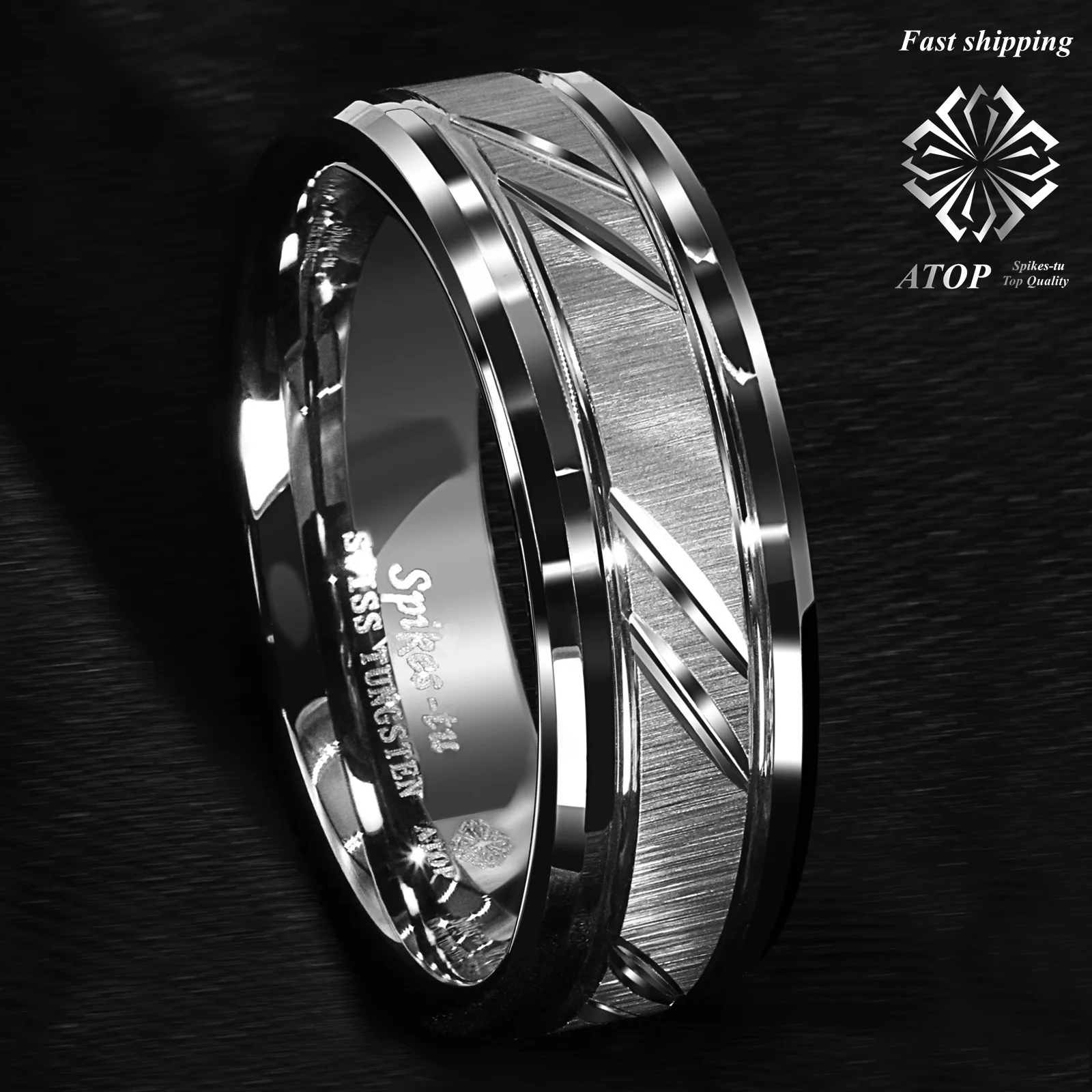 8mm Tungsten Carbide Ring Silver leaf New Brushed Style Bridal ATOP Jewelry