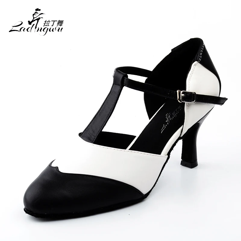 Ladingwu Classic Black Collocation White Women\'s Genuine Leather Dance Shoes Latin Salsa Ballroom Dance Sneakers Women