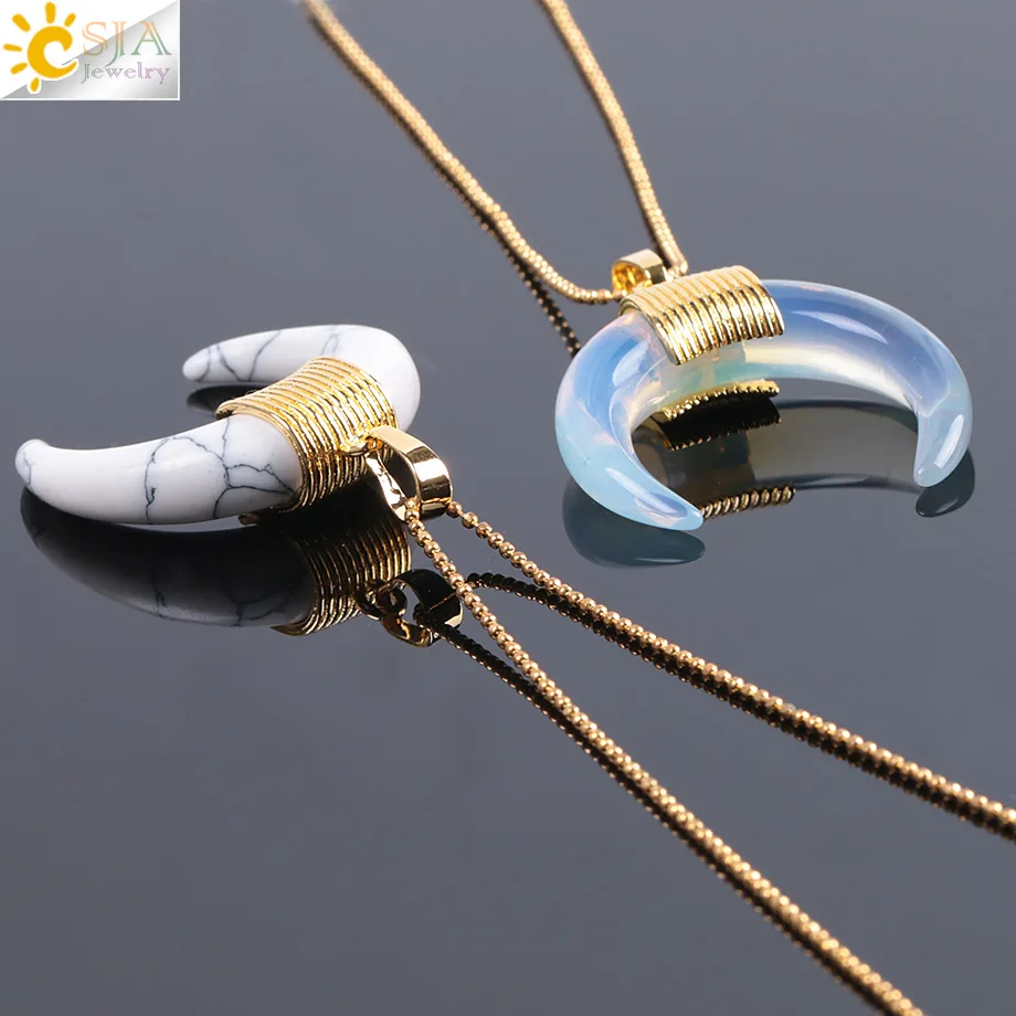 CSJA New Fashion Natural Stone Crescent Half Moon Necklace Pendant with Chain Gold Color Wire Wrapped for Women DIY Jewelry F063