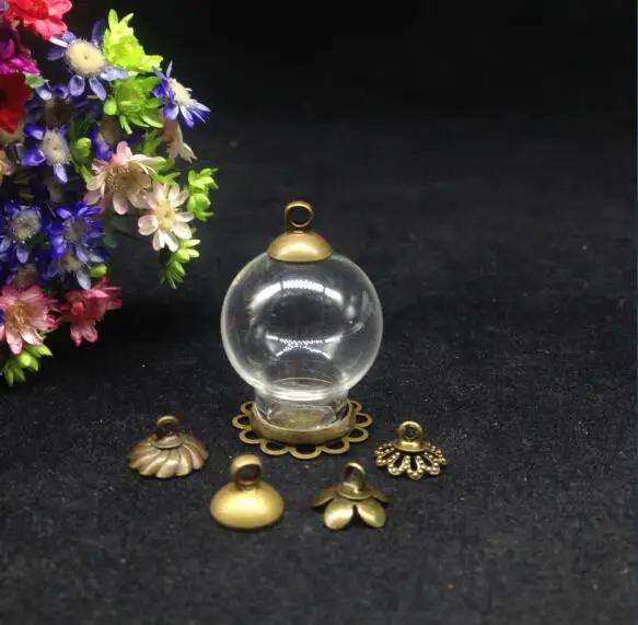 

50pcs 20*12mm glass globe bubble bronze plated 12mm double lace tray 8mm cap Glass vial pendant hollow glass cover dome charms