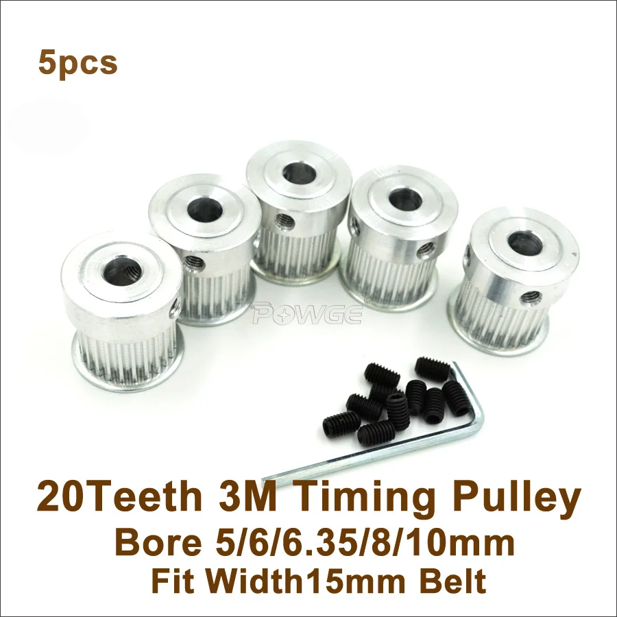 

POWGE 5pcs 20 Teeth 3M Timing Pulley Bore 5/6/6.35/8/10mm Fit Width 15mm HTD 3M Belt 20T 20Teeth HTD 3M Pulley CNC Engraving