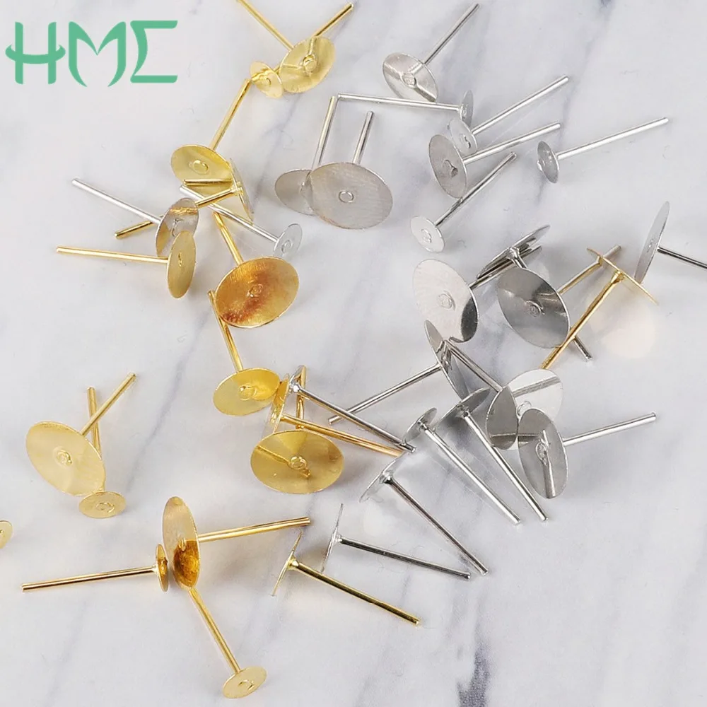 100 pcs 4 6 8mm Gold/โรเดียมโลหะเปล่าต่างหูฐานต่างหูโพสต์แบน Pins การตั้งค่าสำหรับ DIY เครื่องประดับทำอุปกรณ์เสริม