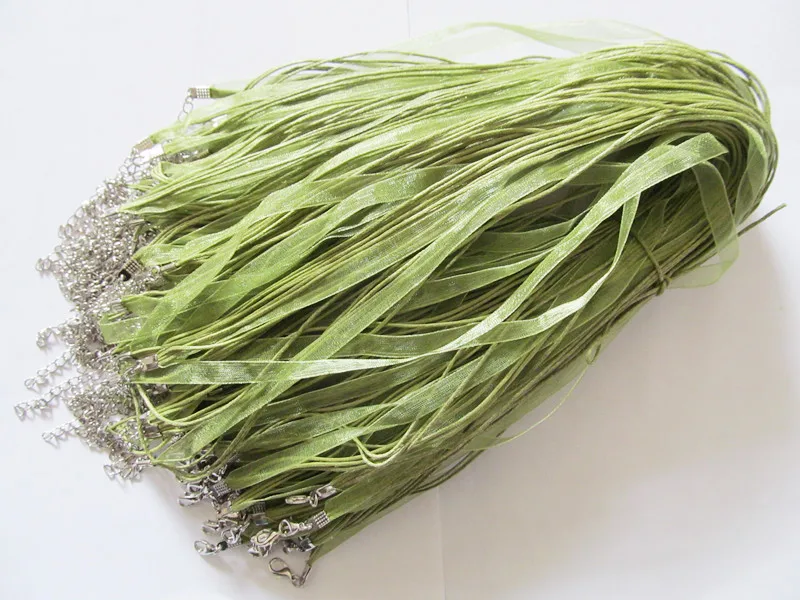 Free Shipping 100pcs 18inch Olive Green Organza Ribbon Wax Cotton Necklace Cord String,Extender Chain,Lobster Clasp,DIY