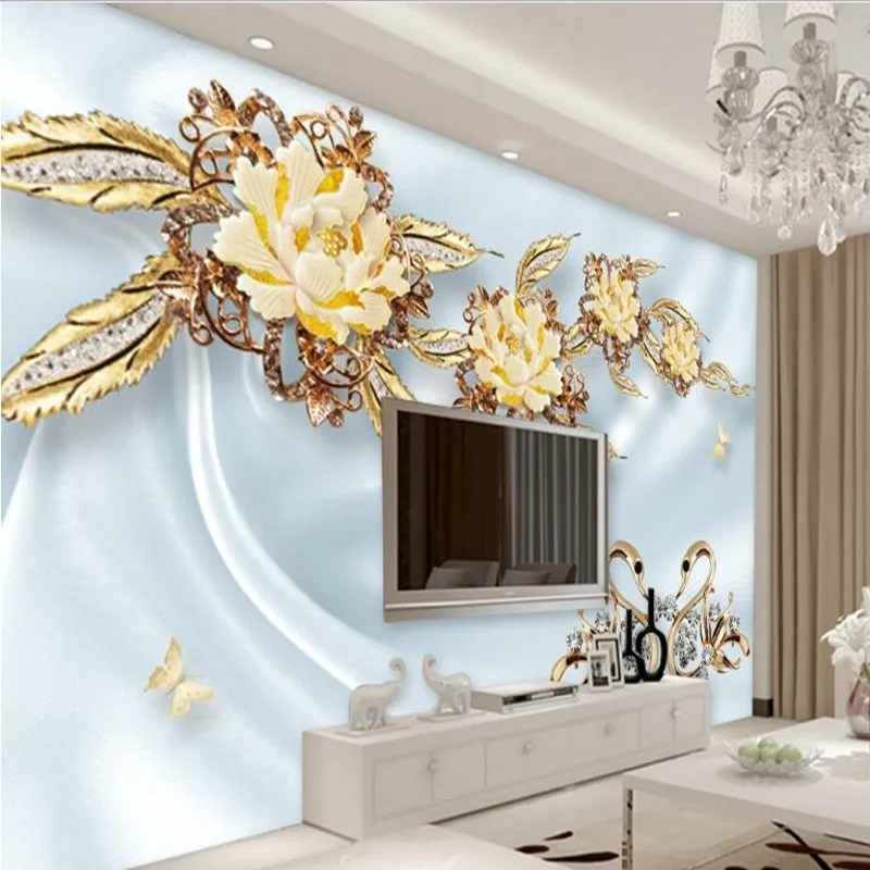 

wellyu Custom large fresco 3D luxury gold flower jewelry TV backdrop environmental wallpaper papel de parede para quarto