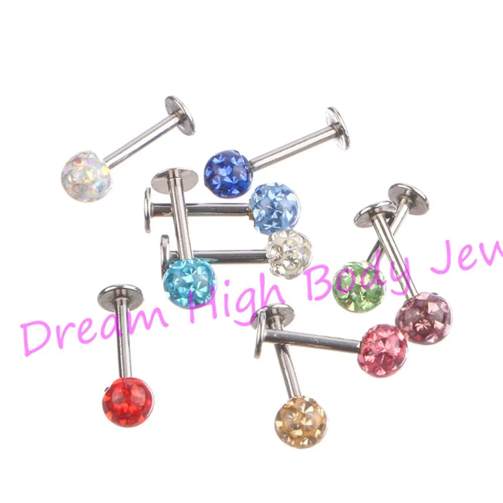 Crystal Gem Labret TragusLip Ring Stud Bar Body Piercing 4mm ball  Resin16Gauge 6mm 8mm 10mm 100pcs /lot Wholesale