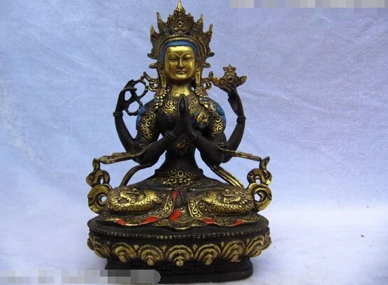 

Free Shipping 20cm 8"Tibet Bronze gild Four-armed Avalokitesvara Kwan-Yin Bodhisattva Buddha Statue