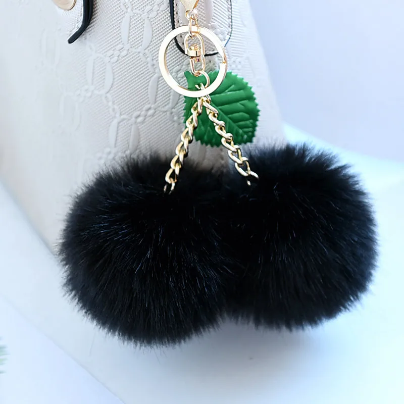 Original Cherry Pompom Ball Keychain Fluffy Faux Rabbit Fur Pompon Key Chain Pom Pom Toy Keyring Bag Charms Car Trinket