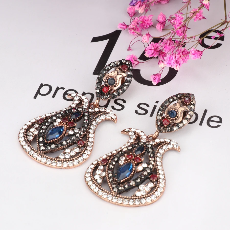 Kinel Fashion Bohemia Jewelry Blue Big Drop Earrings Inlaid Crystal Vintage Earrings For Women Antique Gold Color Christmas Gift