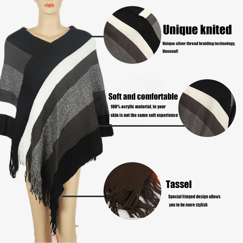 Autumn Winter Women Knit Poncho Tassel Thick Sweaters Pullover Casual Scarf Batwing Sleeve Jumper Striped Sleeveless Plus Size