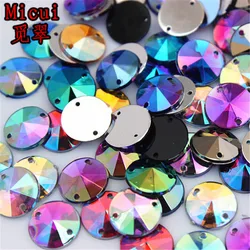 Micui 100PCS 10mm Round Acrylic Rhinestone Sew On Flatback Gems Crystal Stones For Dress Crafts Decorations With 2 Holes MC575