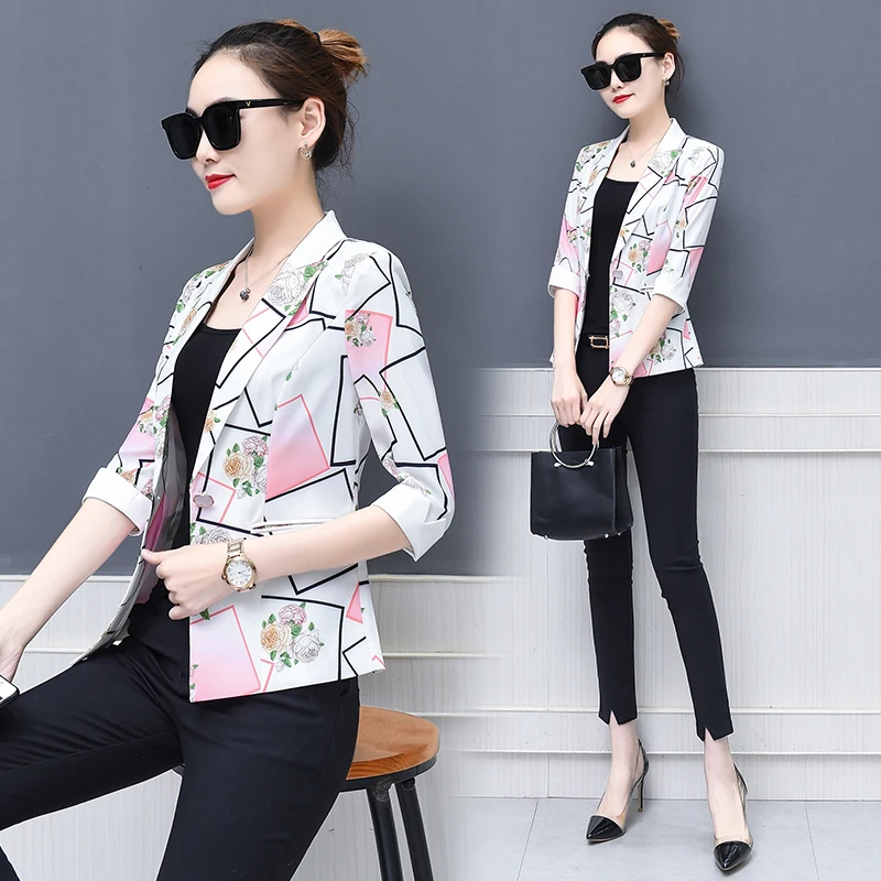 

Women's Slim Print Cropped Sleeves Jacket, Spring and Summer, New Air Conditioning Shirt, Small Workwear, Female Jacket, W320