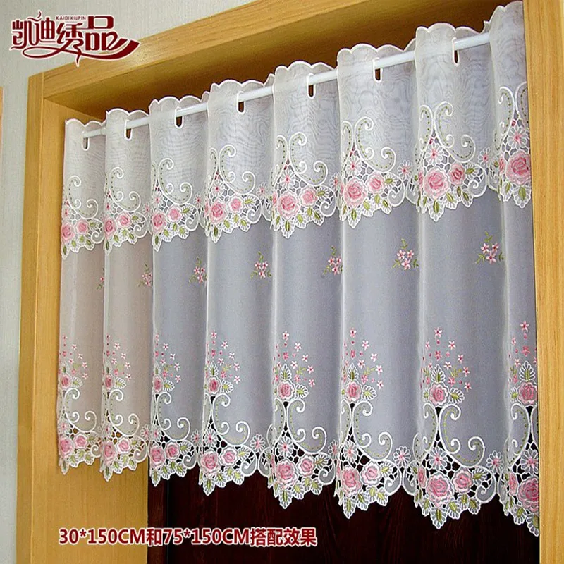 Countryside Half-curtain Embroidered Tulle Valance Light Shading Coffee Curtain for Kitchen for Cabinet Door A-105
