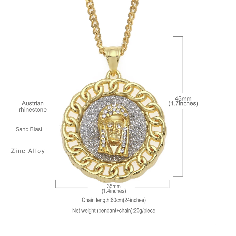 Uwin Fashion Hiphop Jewelry Round Pendants 100 Score,Jesus,Indian Chief,Angel,Freemason 5 styles Gold Color Sand Blast Necklace