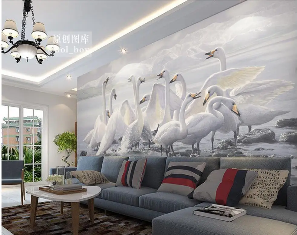 

custom photo murals photo 3d wallpaper White Swan Shoal ink style mural landscape backdrop 3d wallpaper for room