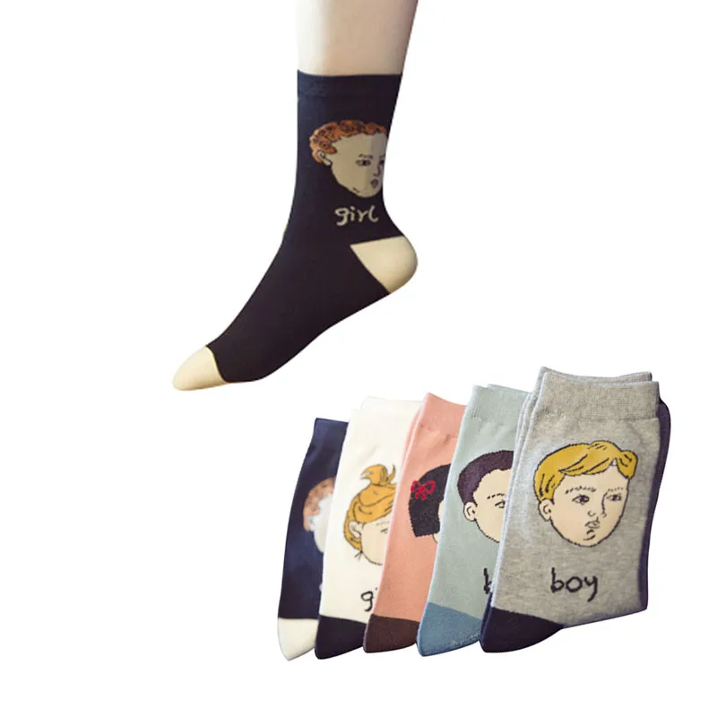 

5 Pairs Women Socks Creative Cartoon Boy Girl Picture Lovely Vintage Short Socks Comfotable High Quality Elasticity Sock Meias