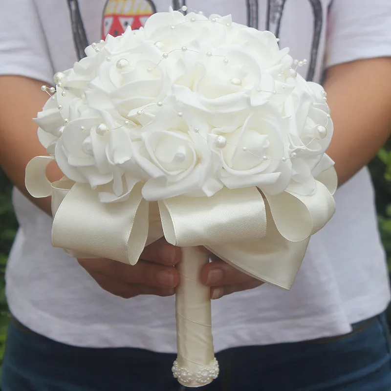 Cheap PE Rose Bridesmaid Wedding Foam Flowers Rose Bridal Bouquet Ribbon Fake Wedding Bouquet de noiva Customized