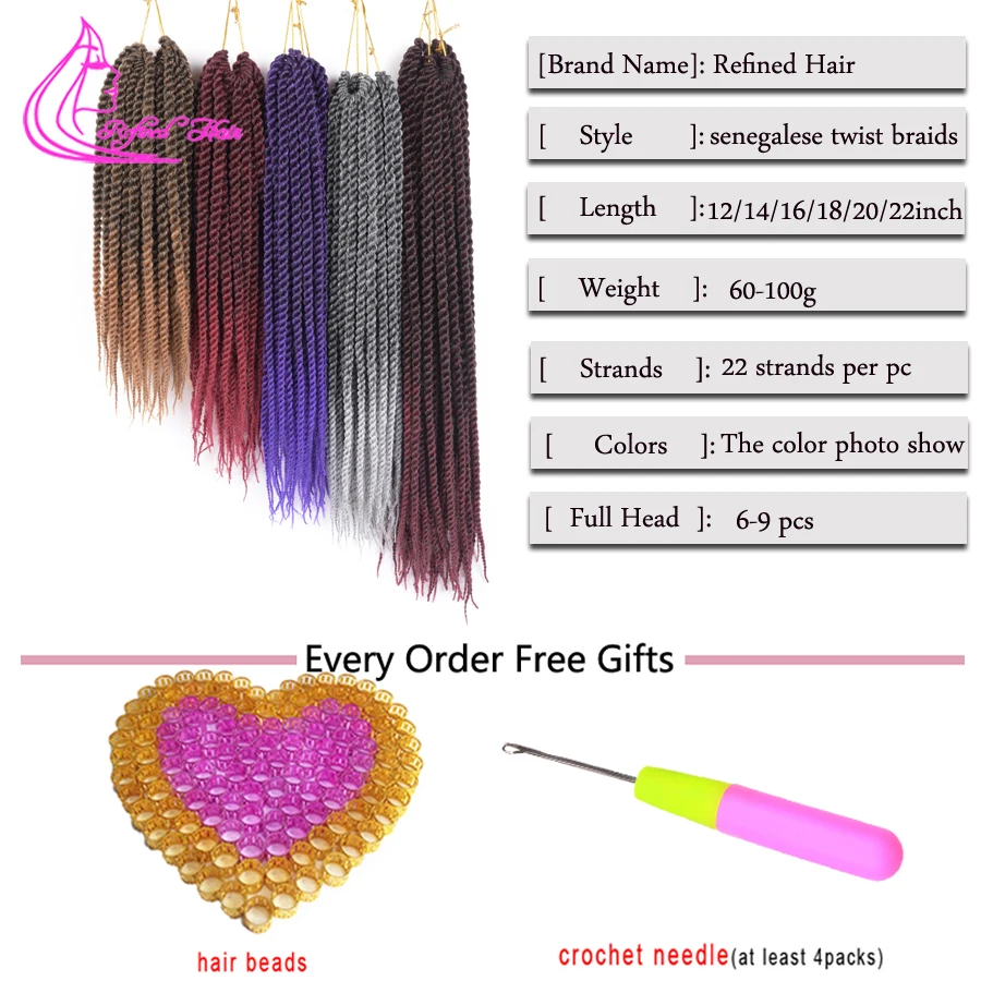 Refined Hair Handmade Crochet Braids Senegalese Twist Hair Ombre Synthetic Braiding Extensions For Woman Girls  22Strands/pc