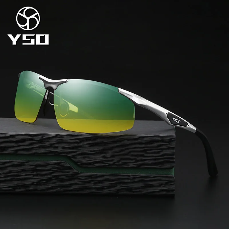 YSO Sunglasses Men Polarized UV400 Aluminium Magnesium Frame HD Night Vision Driving Glasses Semi Rimless Accessory For Men 3009