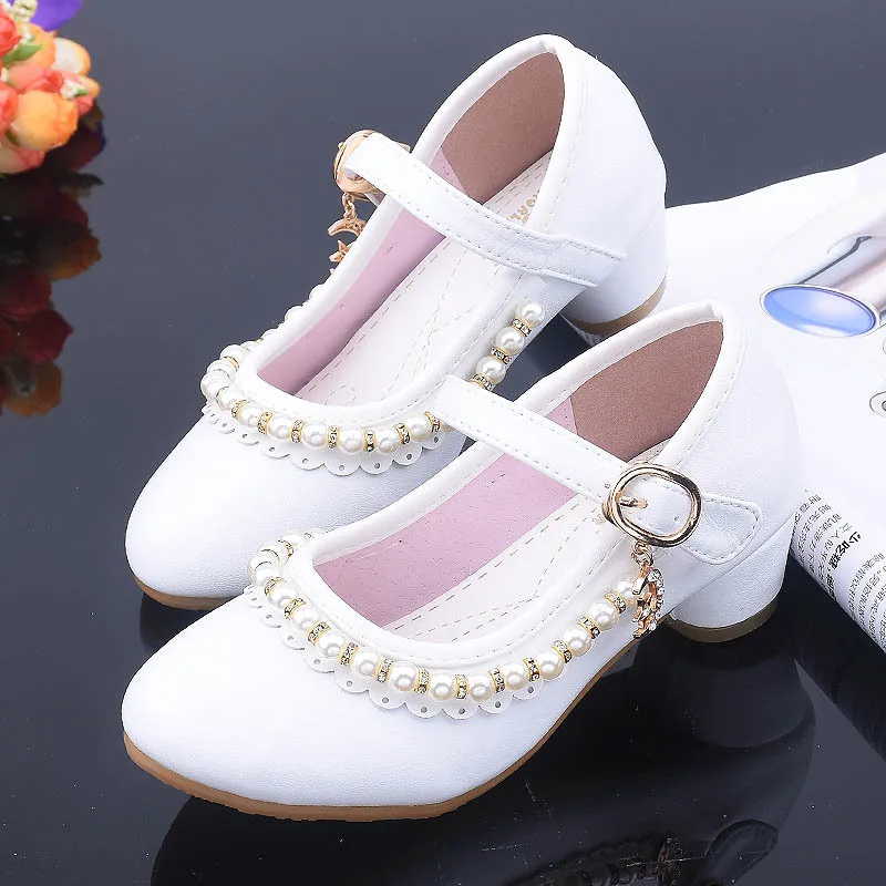 Zapatos de tacón alto de princesa para niña, calzado de fiesta de cuero blanco con cuentas, color rosa, Mary Jane