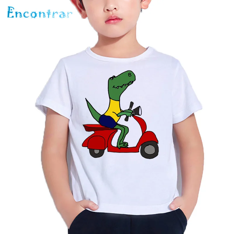 Kids Interesting Dinosaur Ride Motorcycle Print T shirt Boys and Girls Funny T-shirt Baby Summer White Soft Tops,HKP5617