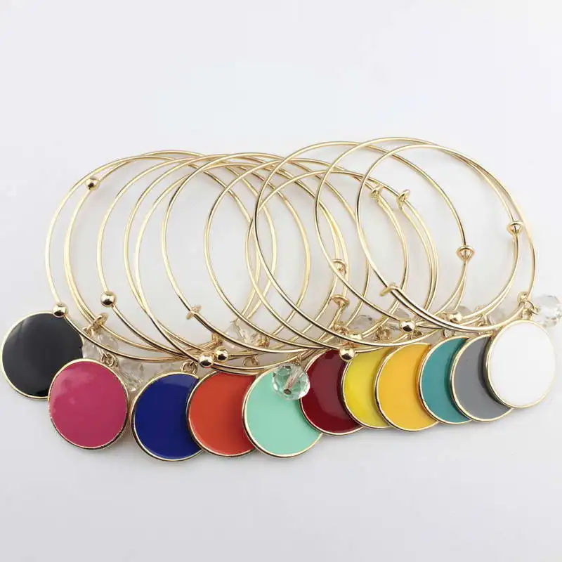 Fashion Monogram Blanks Charm Enamel Flat Round Disc Bangle Bracelet Adjustable