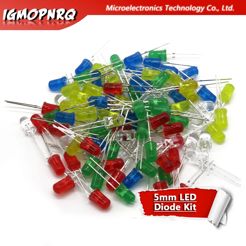 5Colors*20PCS 100PCS 5mm LED Diode Light Assorted Kit Green Blue White Yellow Red COMPONENT DIY