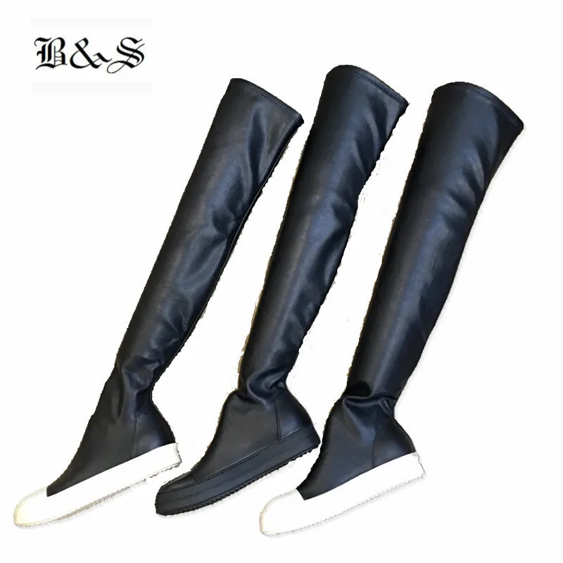 

Black& Street 60cm Knee High Women Sock Boots high quality stretch fabric+ leather Slim Fit winter Boots