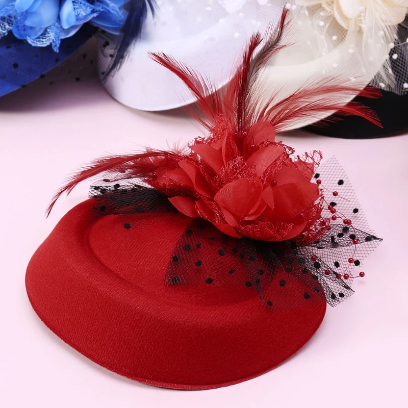 Hot New 1 Pc Girls Fascinator Hats Headband Women\'s Feather Flower Brides Hair Accessories Wedding 5 Colors High Quality