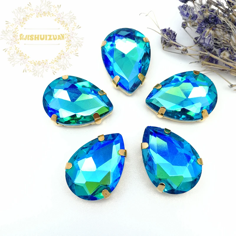 Turquoise Blue AB Dazzle Color Water Drop Shape Glass Crystal Sew On Rhinestones With Gold  Bottom Four Claw Diy Clothing Shoes