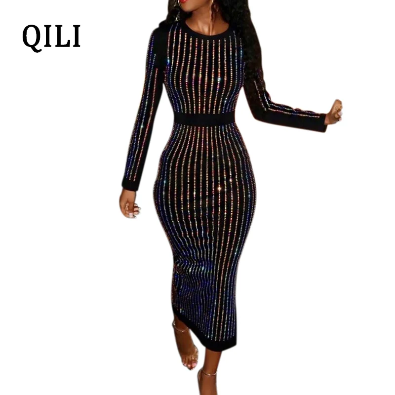 QILI-Women's Striped Diamonds Rhinestone Dress, O-Neck, Long Sleeve, Slim Waist, Pencil Dresses, Elegant Lady Casual Wear,