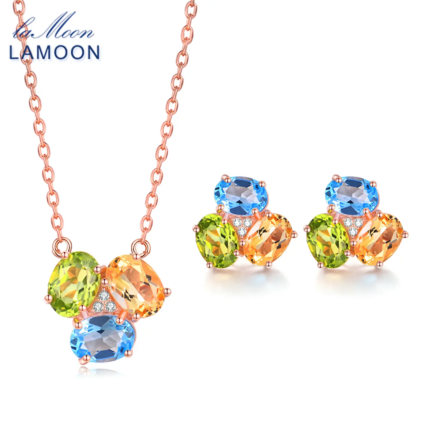 LAMOON  3ct Oval Yellow Citrine Green Peridot Blue Topaz 925 sterling-silver-jewelry  Jewelry Set V003-6