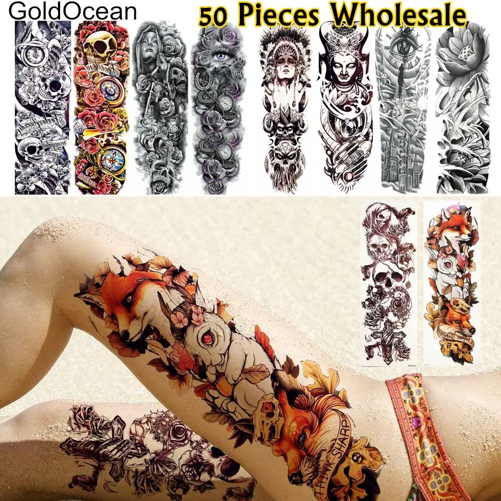 

50 Pieces Wholesale 48x17CM Full Arm Temporary Tattoo Long Leg Fake Fox Skull Tatoo Body Art Flash Tattoo Stickers For Men Women