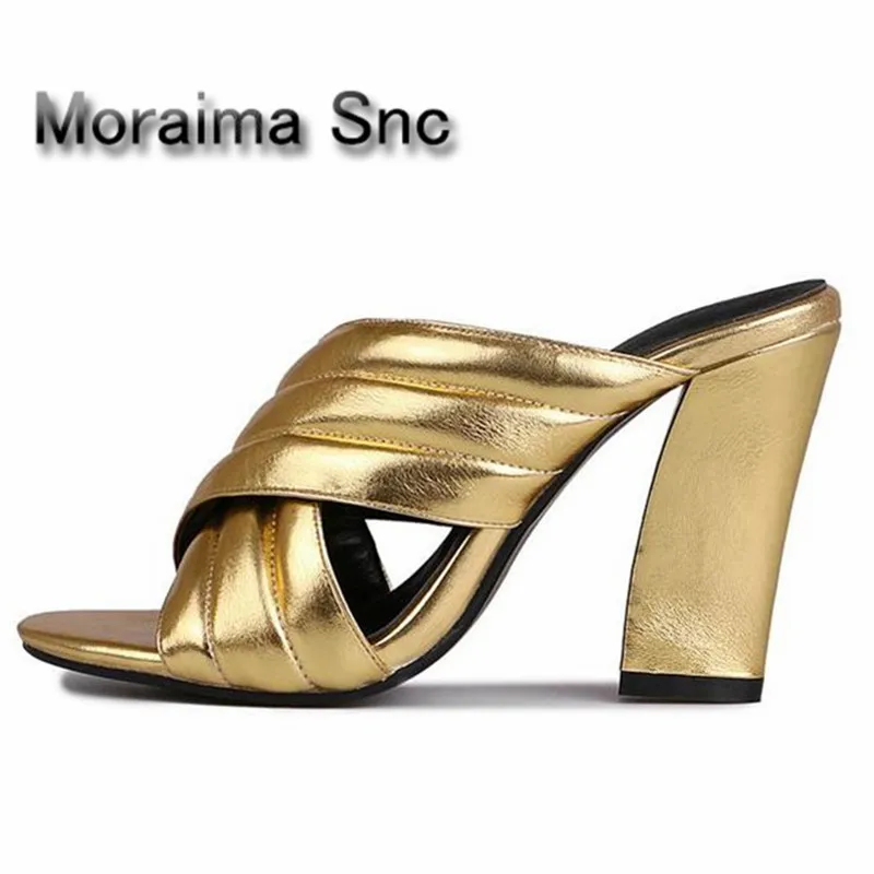 

Moraima Snc Summer Slippers Women Crossover Sandals Mules Gold Slides Thick Block High Heels Sandals Ladies Pantoufle Femme Home