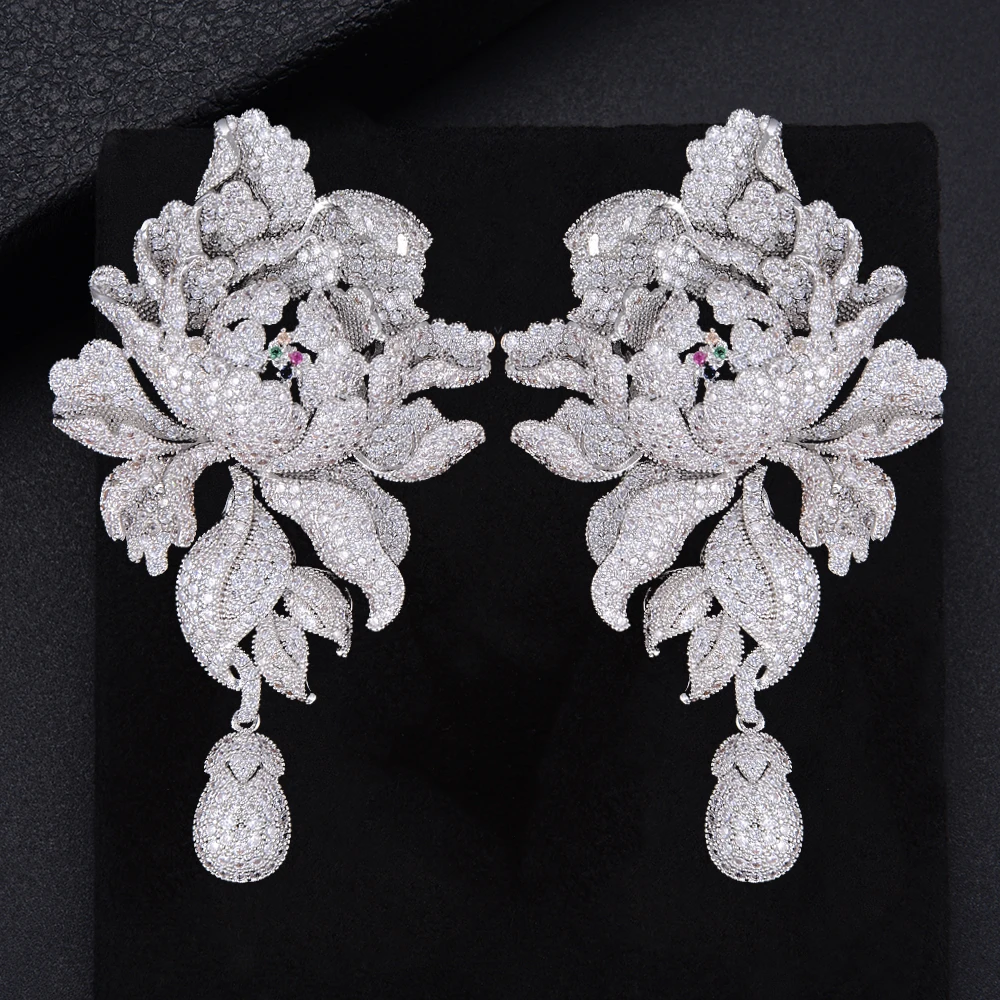 

GODK 76mm Luxury Peony Flower Blossom Cubic Zirconia Women Statement Long Drop Earring Wedding Party Bridal Fringed Jewelry Gift