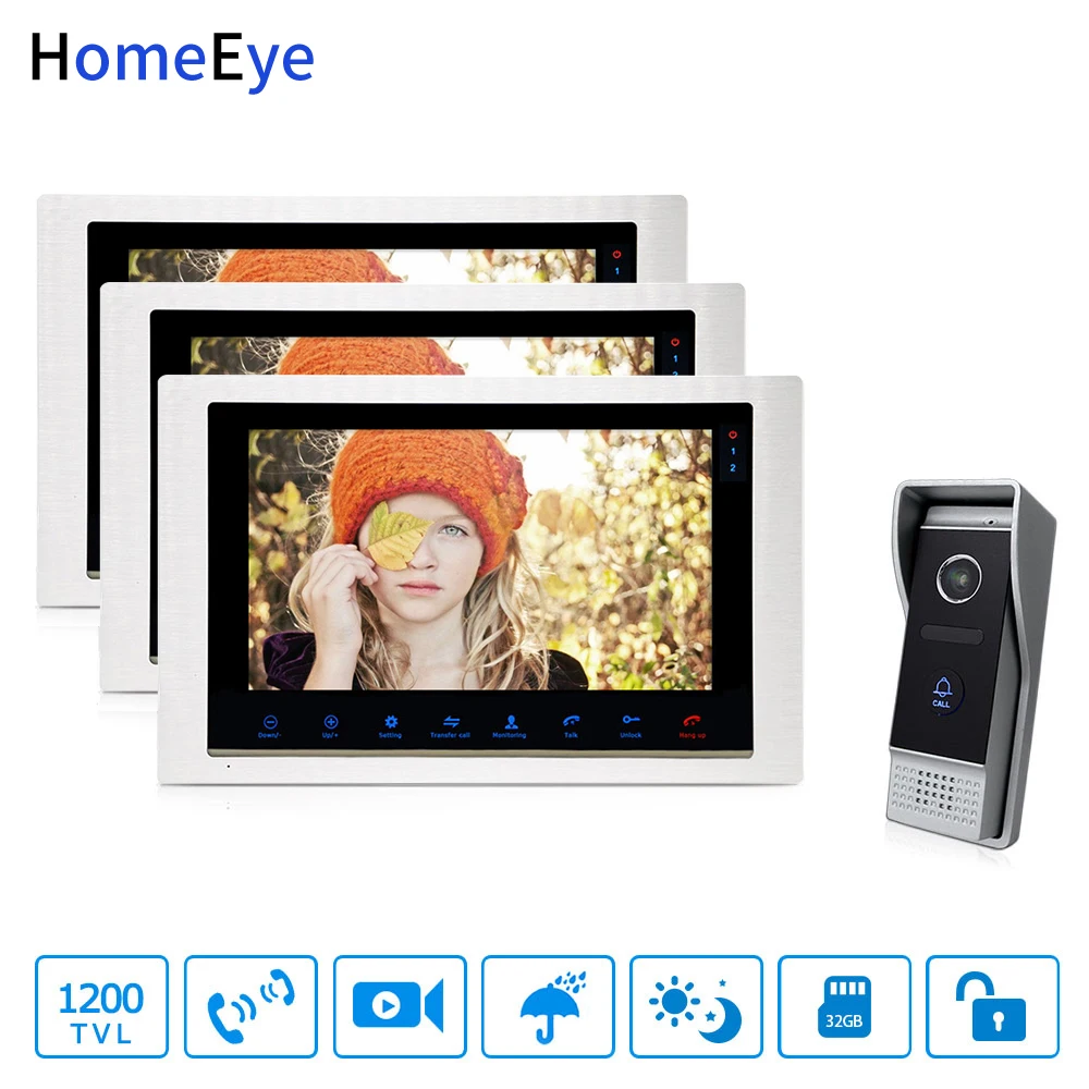 HomeEye 10inch Video Doorbell Video Intercom Motion Detection OSD Menu Touch Button 1-3 Security Access System 1200TVL Rainproof