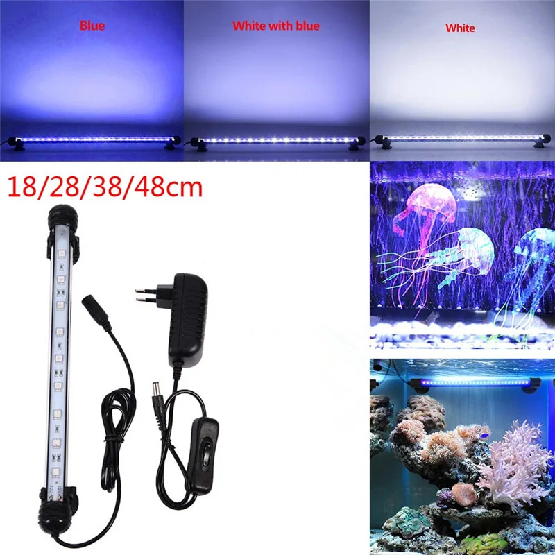 수족관 물고기 탱크 9/12/15/21 SMD5050 LED 라이트 블루/화이트 18/28/38/48CM 바 잠수정 방수 클립 램프 장식 EU 플러그 S40