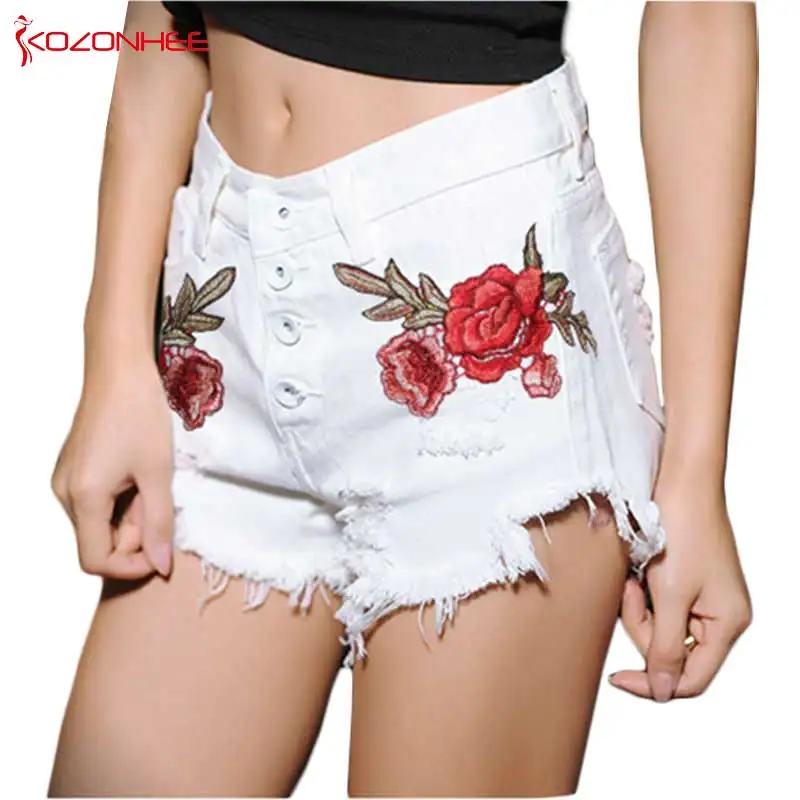 Zomer Witte Roos Ripped Borduurwerk Denim Shorts Met Hoge Taille Gescheurd Mode Sexy Vrouwen Denim Shorts Met Gaten