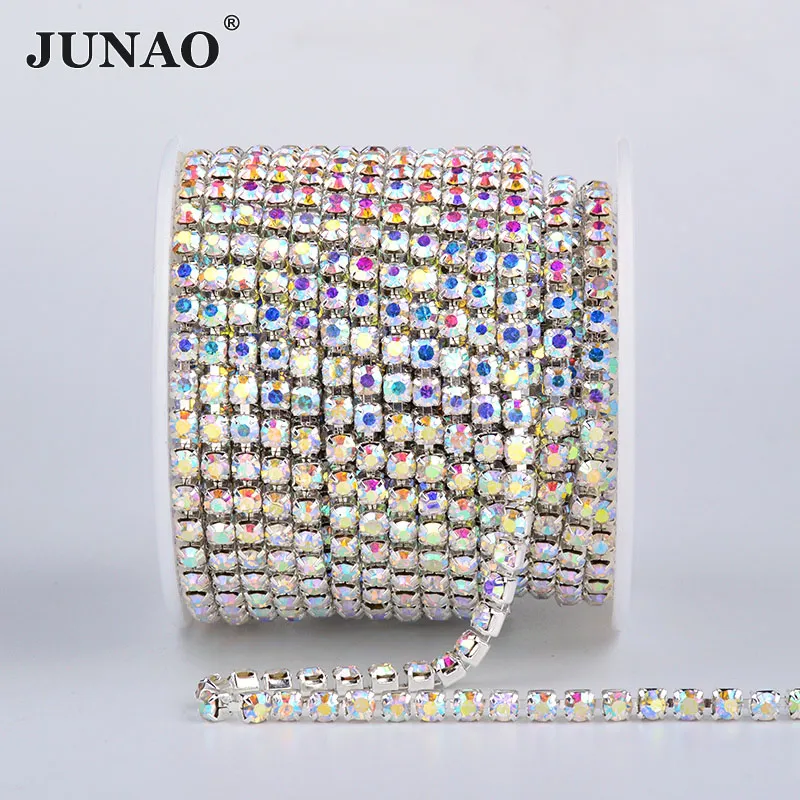 JUNAO SS 6 8 10 12 16 18 Vetro AB Strass Catena Trim Cucito Frangia di metallo Strass Nastro Fasciatura Applique di cristallo per l'artigianato