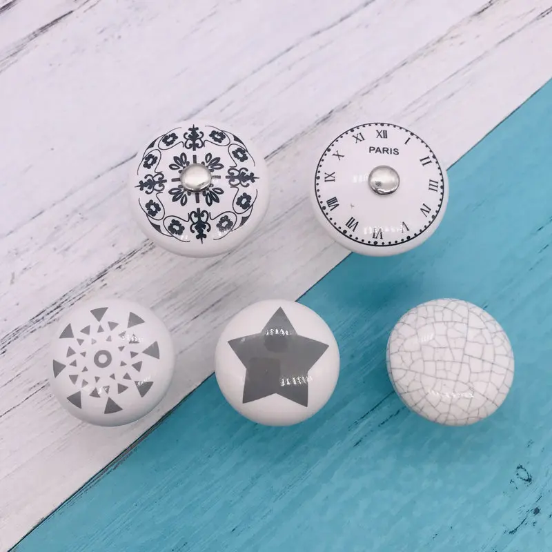 1x Star Flower Clock Print Ceramic knob Kitchen Cabinet Cupboard Door knob and handles Pastoralism White Kids Drawer Knob Pulls