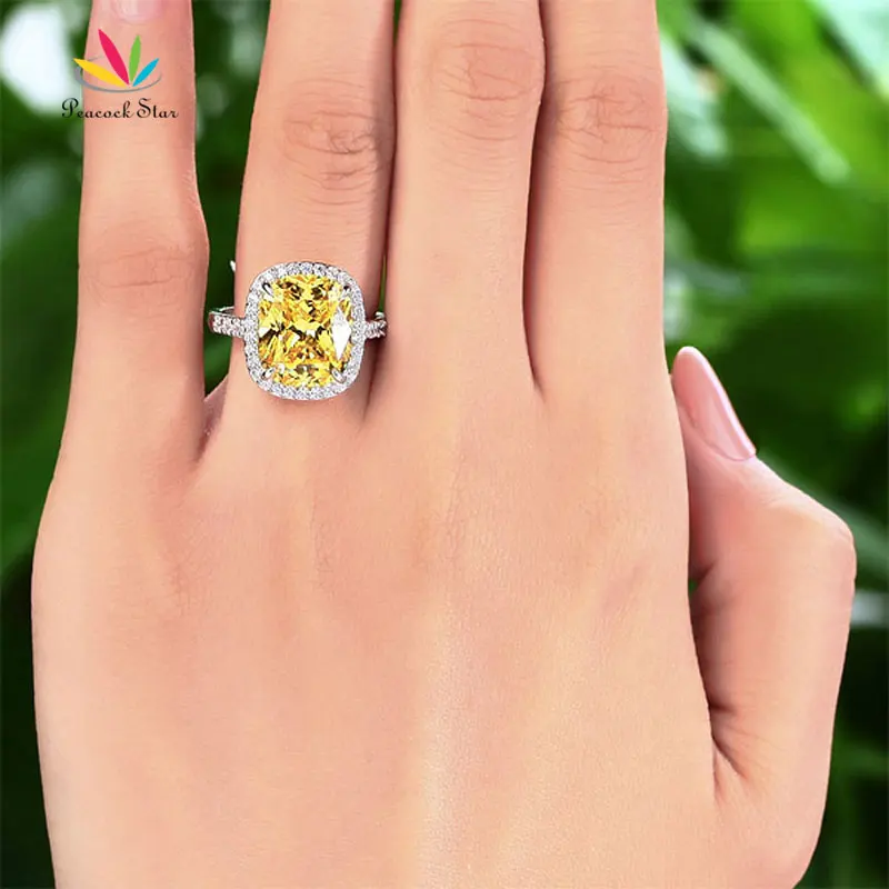 Peacock Star Solid 925 Sterling Silver Luxury Ring 6 Ct Cushion Yellow Canary Created Diamante CFR8151