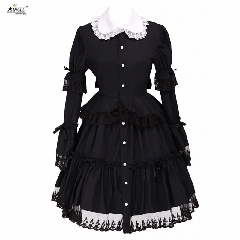 

Ainclu Middle-Long Dress Womens Cotton Black Long Sleeves Bottons Lace Bow Cotton Gothic Rendering and Outer Wear Lolita Dress