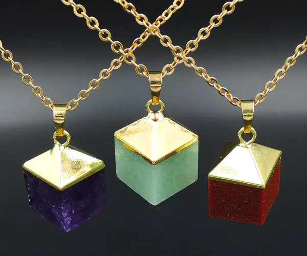 Mixed Stones Pyramid Pendant Necklace Gold Plated Approx 20*15mm